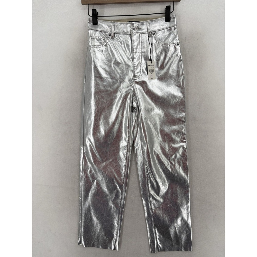 Express Straight High Rise Pants Womens 00 Silver Metallic Faux Leather Retro